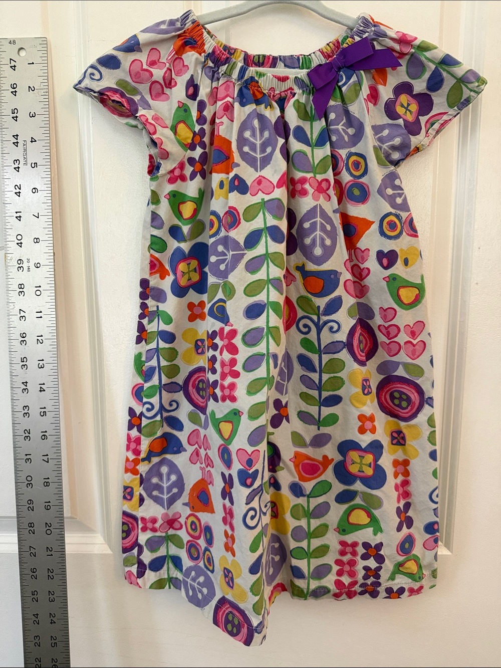 Hanna Anderson Floral & Bird Print Peasant Dress in Purple, Green & Pink